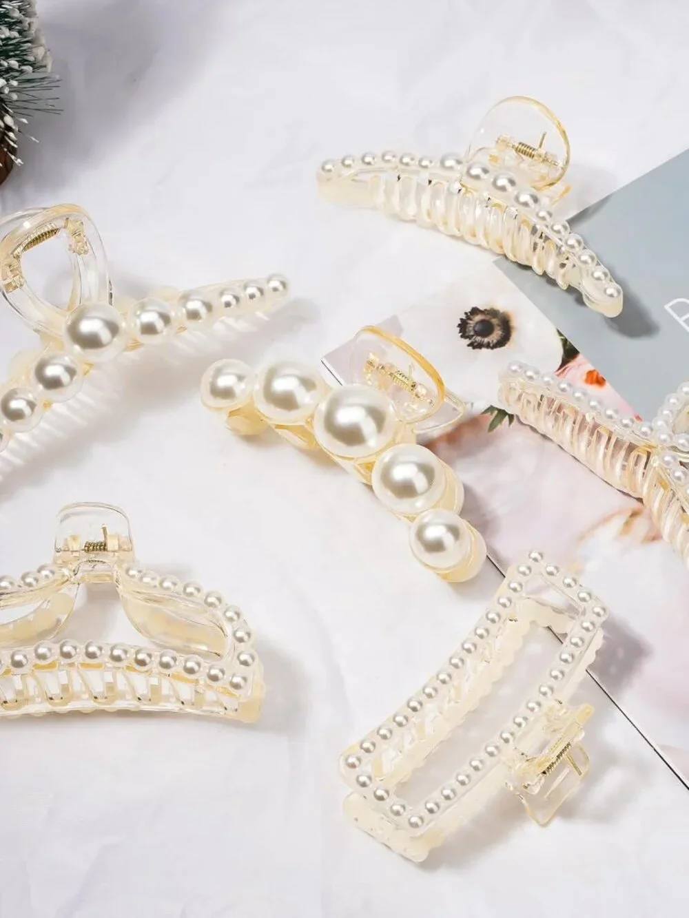Pearl Hair Claw Clips, Large Barrettes for Thin, Thick, Curly or Long Hair, Whit